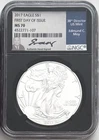 2017 SILVER EAGLE FIRST DAY OF ISSUE NGC MS70 EDMUND MOY SIGNED BLUE LABEL