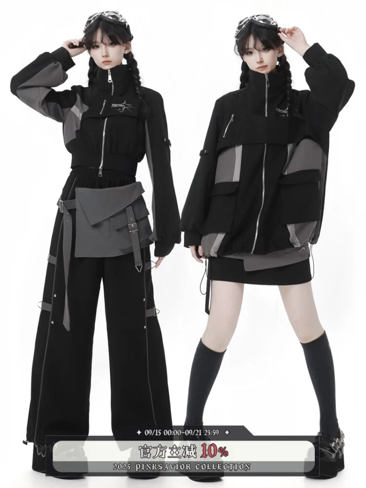 Black-Gray Workwear Stand Collar Jacket Overalls Clothes Clothing Girl's Outfit - Image 3 of 4