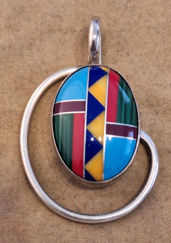 Beautiful Native American Gemstone Inlay Handmade Pendant VHC Sterling Silver