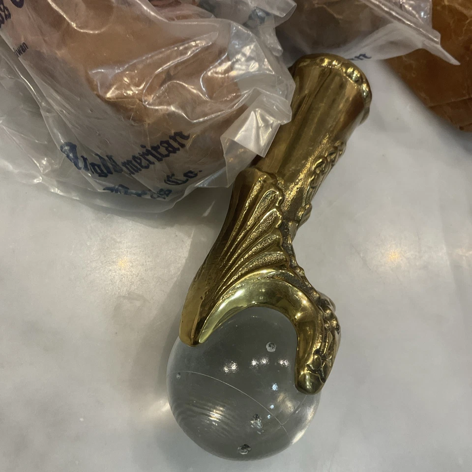 Vintage Ornate Shiny Brass Claw Feet Clear Glass Ball 5” Piano Stool Set 4 NIP - Image 4 of 4