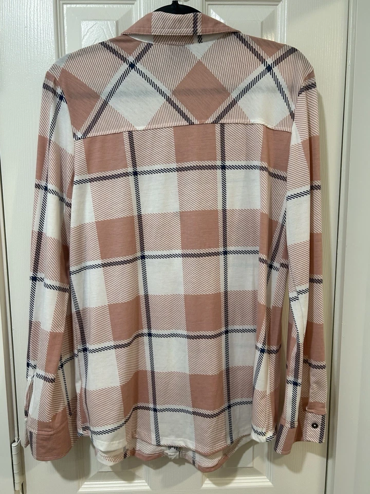 Camisa Como Vintage Para Mujer XL A Cuadros Manga Larga Con Botones Blanco Malva Claro Foto 2 de 4