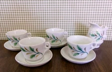 Childrens Dishes Vintage Tea Party Set ~ 4 Cups & Saucers 1 Pitcher Leaf Pattern