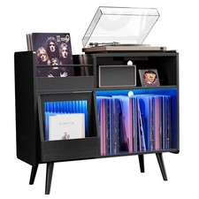 Black Large Vinyl Record Cabinet With LED Light Turntable Stand And Storage
