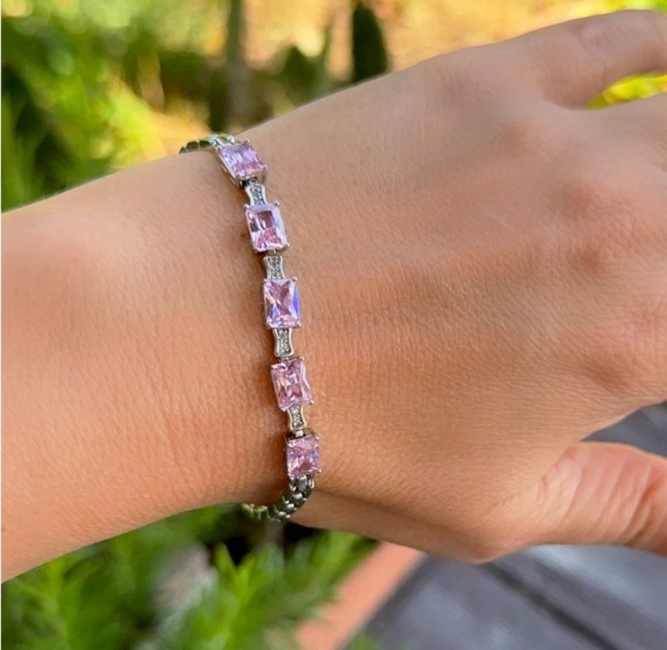 Pulsera Baguette Cristal Rosa Tono Plata Platino Chapado Joyería de Lujo Foto 4 de 4