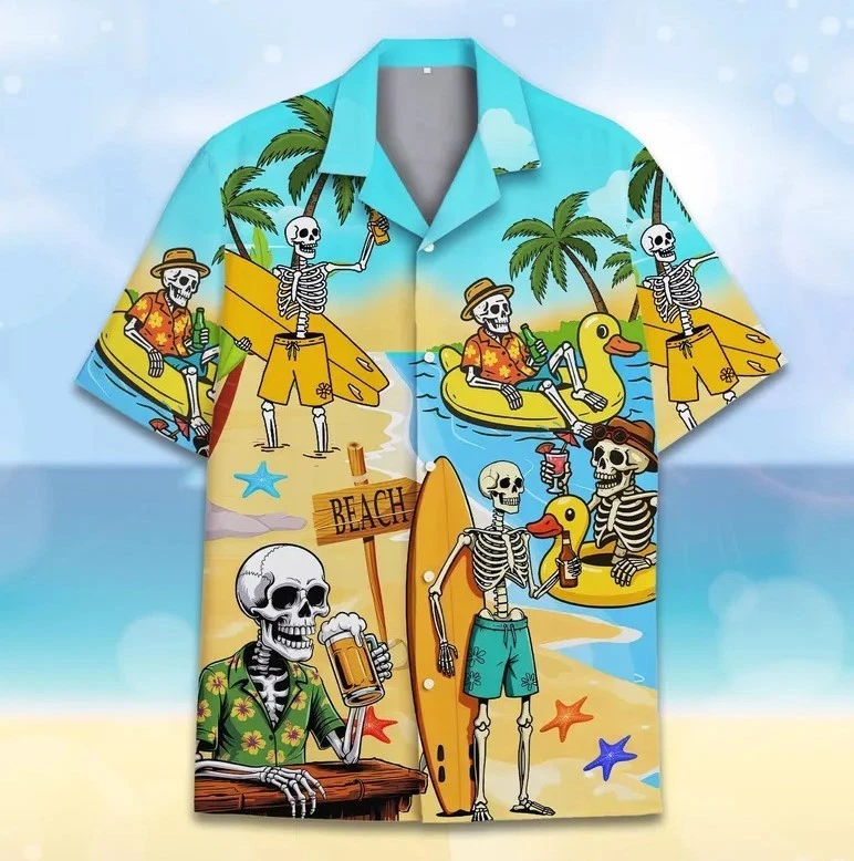 Skeleton Beach Hawaiian Shirt Men Women, Funny Tropical Island Summer