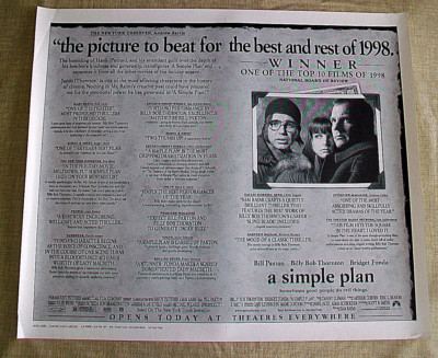 A SIMPLE PLAN original LA TIMES Review poster SAM RAIMI Bill Paxton BILLY BOB 