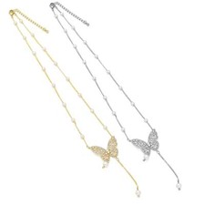 Gold Silver Pearl Butterfly Charm Adjustable necklace, Sku EF339