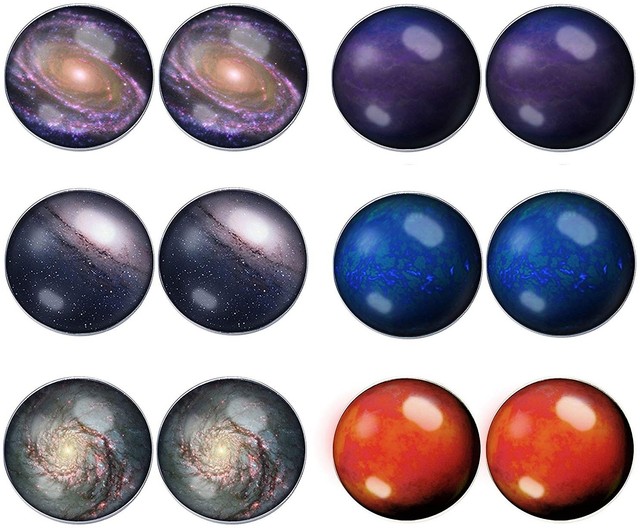 Lilments 6 Pairs Solar System Galaxy Universe Unisex Mens Womens Stainless Steel