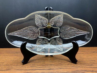 Clear Glass Oval Relish Dish with Leaf Design Pickle Celery Candy Nut Dish