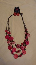 Red Wood Bead Layered Necklace And Earrings