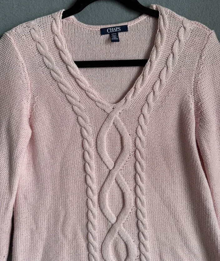Chaps Sweater Women Size Small Pink Cable Knit V Neck Long Sleeve Slim Fit - Image 3 of 4