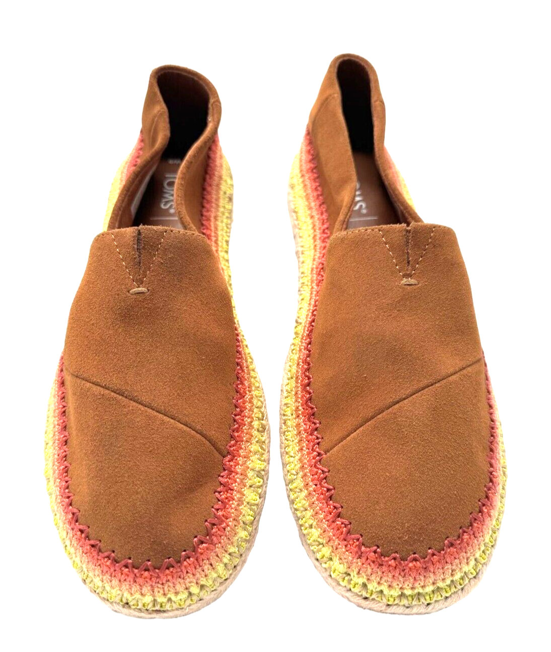 Toms Women's Espadrille Flats Size 9 Brown & Multicolor Crochet Trim Rubber Sole