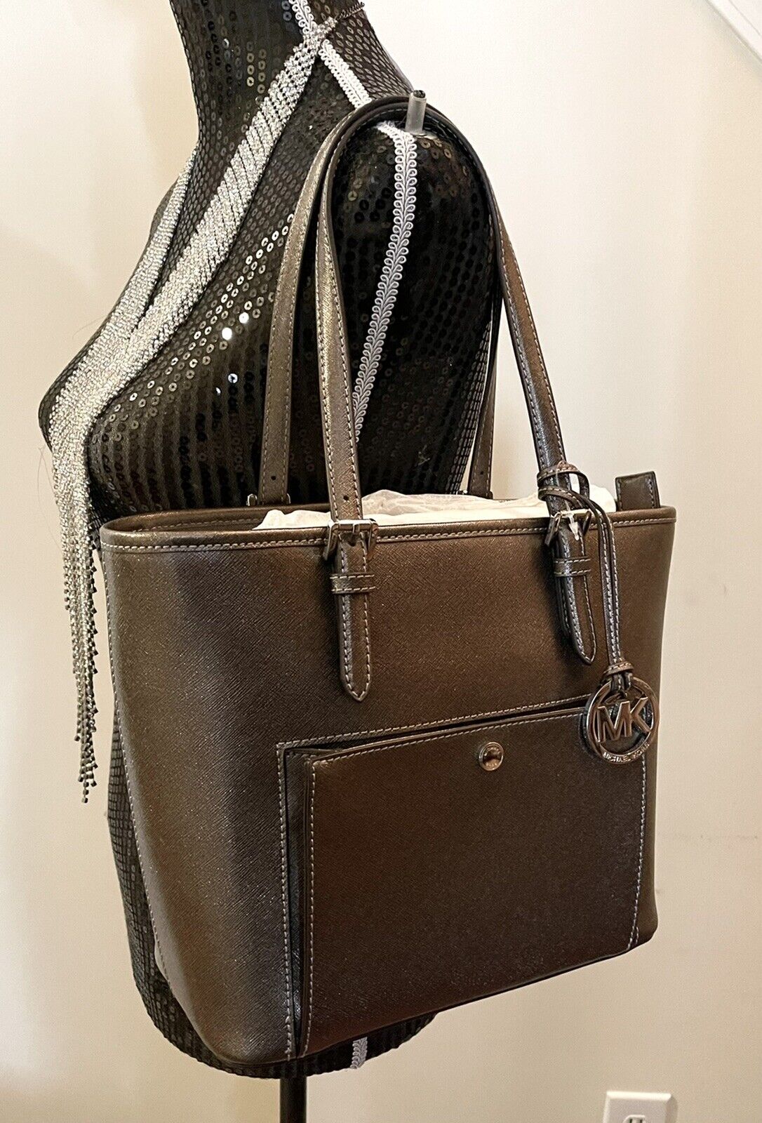 Michael Kors Jet Set Item Med Snap Pocket shoulder Tote handbag Metallic  Cinder | eBay
