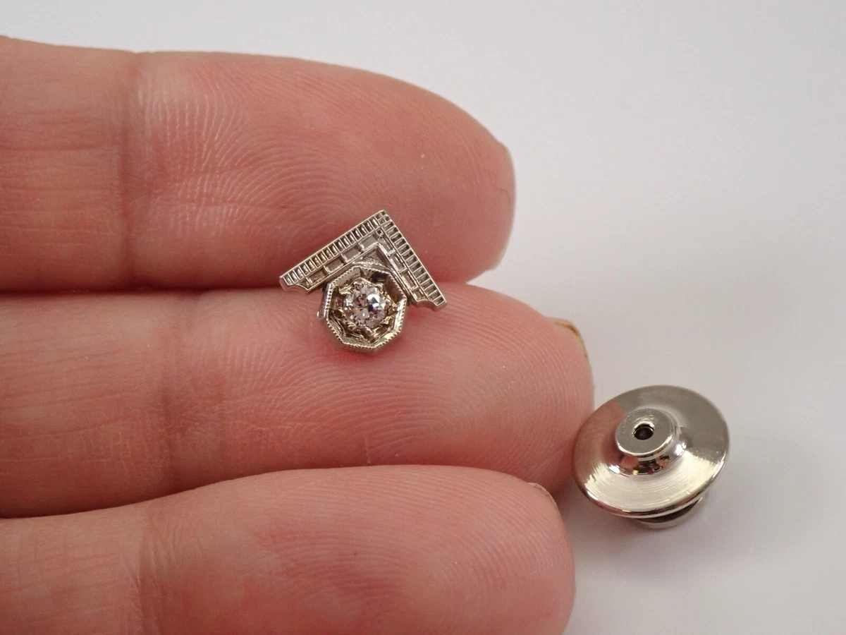 Antique Vintage Mens 14K White Gold Masonic Diamond Tie Tack Lapel