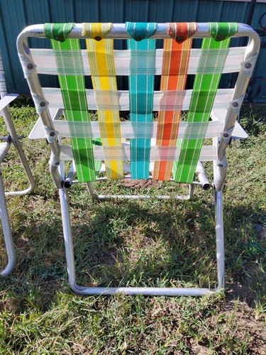 Vintage 1970s Adult Webbed Aluminum Folding Lawn Chairs Yellow Orange Green Blue - Picture 5 of 13