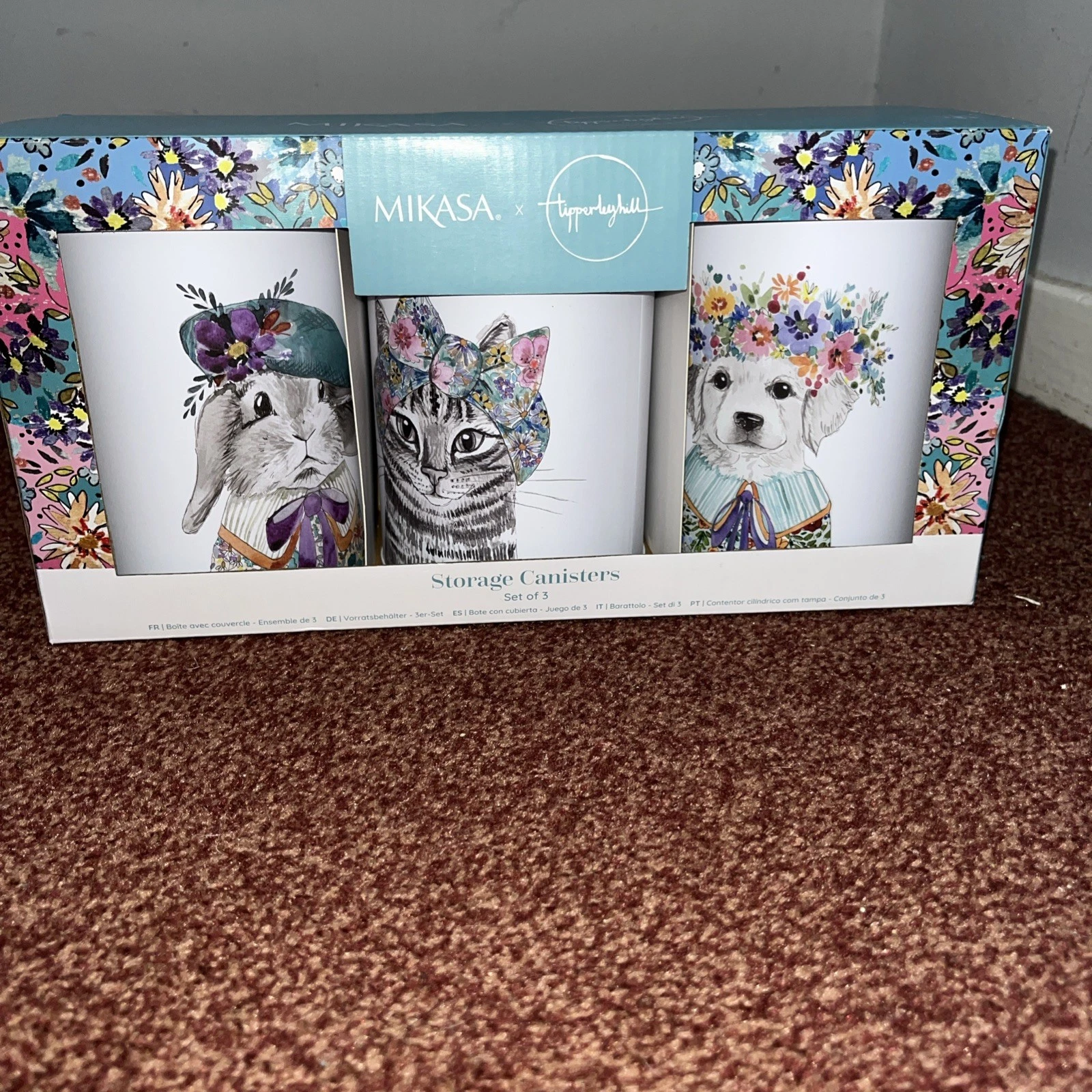 Mikasa Tipperley Hill Set Of 3 Storage Canisters. Cat, Dog, Rabbit Designs BNIB