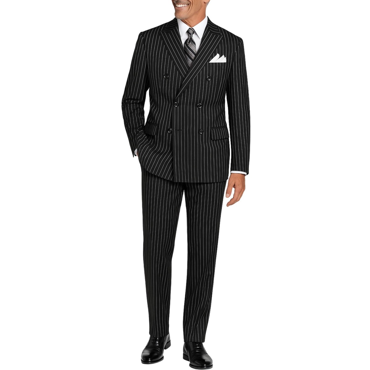 J VINCI Men's Black Pinstripe Double-Breasted Reg-Fit Suit w/ Adj