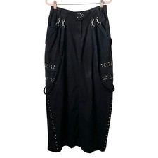 Vintage Macgear Rave Cyber Goth Grunge Strappy Denim Maxi Skirt Black 90s Faded