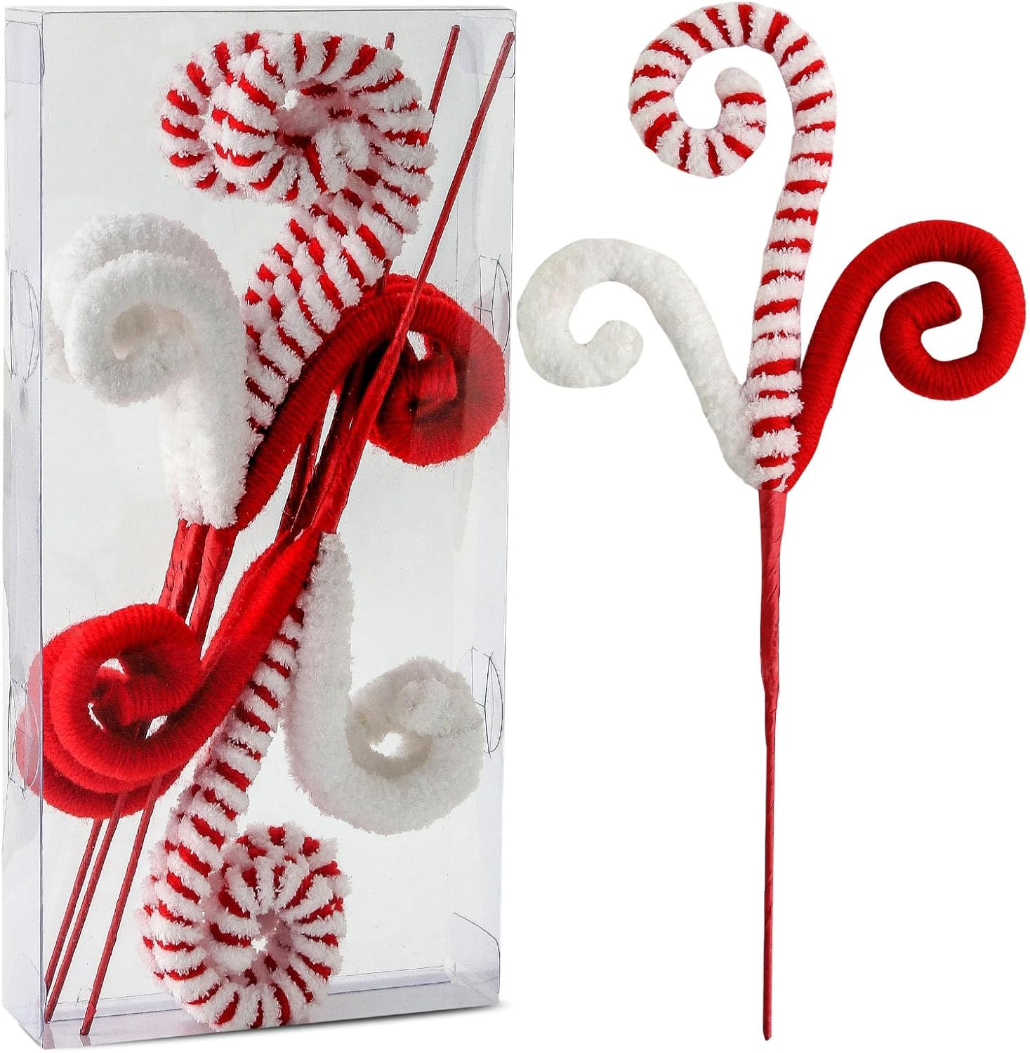 6PC Set Red/Green Christmas Tree Decorations Picks Christmas Woolen Candy Curly