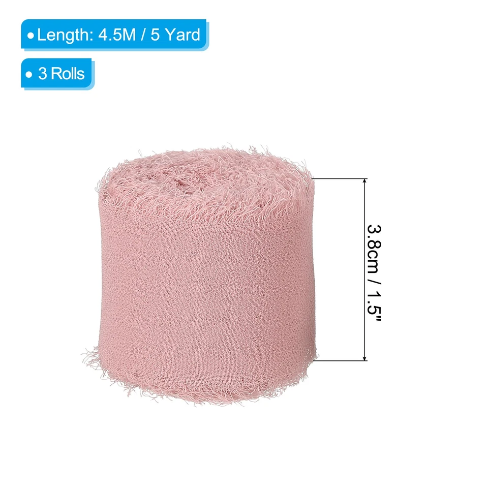 Dusty Rose Fringe Chiffon Silk Ribbon 1.5"x5Yard 3 Roll Handmade Frayed Ribbon - Image 2 of 4