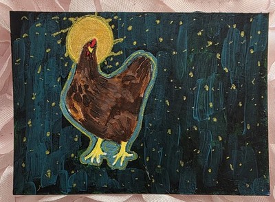 ACEO Original Holy Chicken Golden Halo Whimsical Animal Art