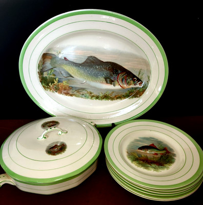 Schöne Shelton Elfenbein Fisch Muster Terrine Teller groß oval Servierschale