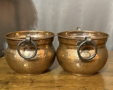 Vintage Solid Hammered Copper Cachepots Planters Brass Ring Handles Pair