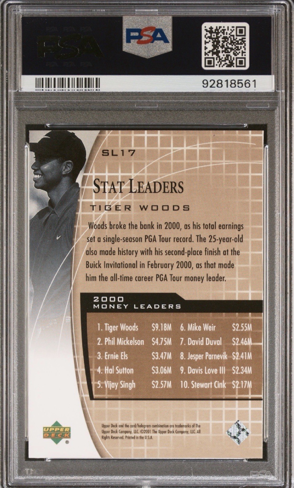 PSA 9 MINT GOLF CARD 2001 UPPER DECK TIGER WOODS ROOKIE STAT LEADERS SL17 view 2