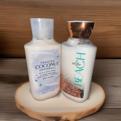 2 Bath & Body Works Frosted Coconut Snowball Shea & At The Beach Body Lotion New