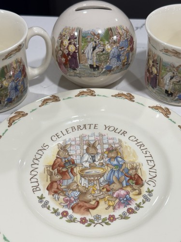 BUNNYKINS by Royal DOULTON 10 PIECE SET Mug, Cup, Plate, Bowl & Coin Bank. - Picture 10 of 11