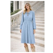 Ann Taylor Tie Neck dot Print Midi Dress Size M Blue Career Long Sleeve Modest