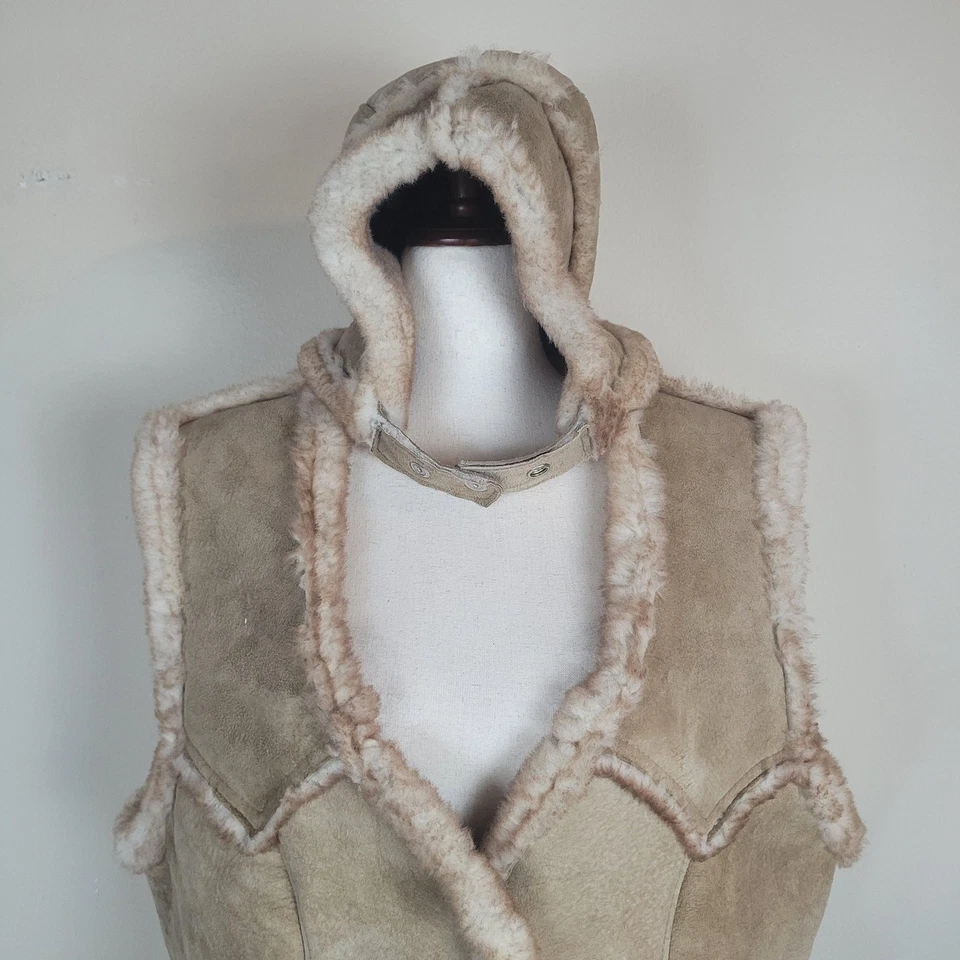 Shearling Vest Womens XL Tan Suede Sherpa Lined Western Cozy Warm Aviator Hood - Image 2 of 4