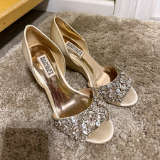 Badgley Mischka Women  s 6 Ivory Satin Rhinestone Open Toe Slip-On Pumps