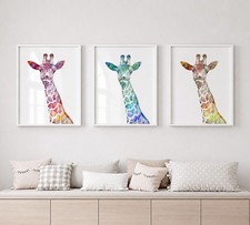 Colorful Giraffe Wall Art Set of 3, Safari Animal Prints, Nursery Decor