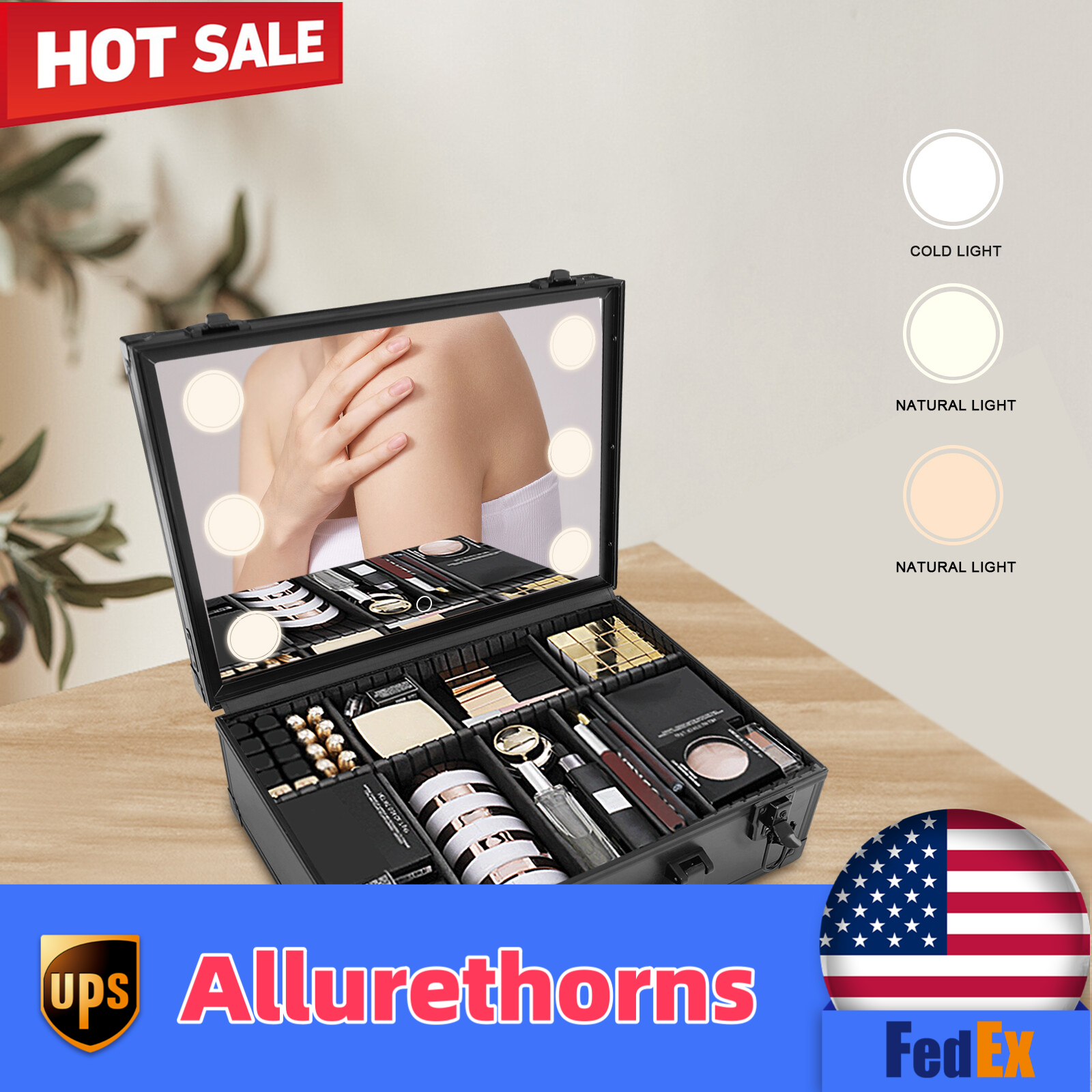 LED Lighted Makeup Bag with Mirror - Travel Train Case Cosmetic Organizer-image