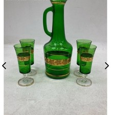 Vintage Italian Emerald Green Decanter Set W/ Gold Trim  Leaf Pattern Italy