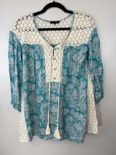 Boho Teal Blouse W Cream Colored Crocheted Accents And Tassels Size S By Rye