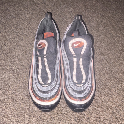 Nike Air Max 97 Black Low Top Lace-Up Sneaker, Rubber Outsole, Striped