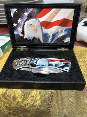 American Eagle USA Flag & Bald Eagle Pocketknife, Stainless Steel Lockback Box