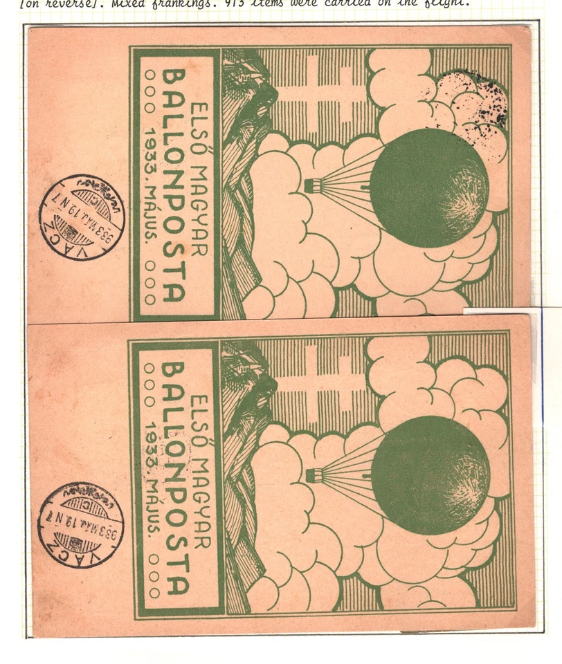 HUNGARY Air Mail *BALLOON POST* Cards{2} 1933 Vac DIFFERENT VIGNETTES MAL721 - Image 4 of 4
