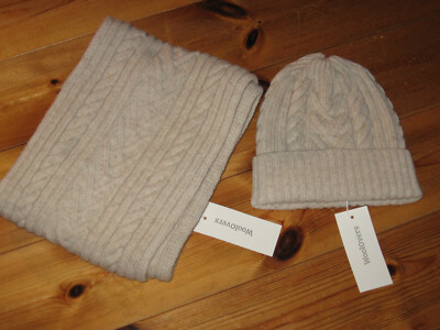Woolovers Strick-Schal + Strick-Mütze NEU beige 100% Lambswool Wolle Zopf-Muster