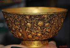 5.2"Chinese dynasty Bronze 24k gold Gilt flower lotus statue Tea cup Bowl Bowls