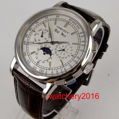 Corgeut 42mm Gold Silver Seagull Month Week 24 Hours Moon Automatic Mens Watch
