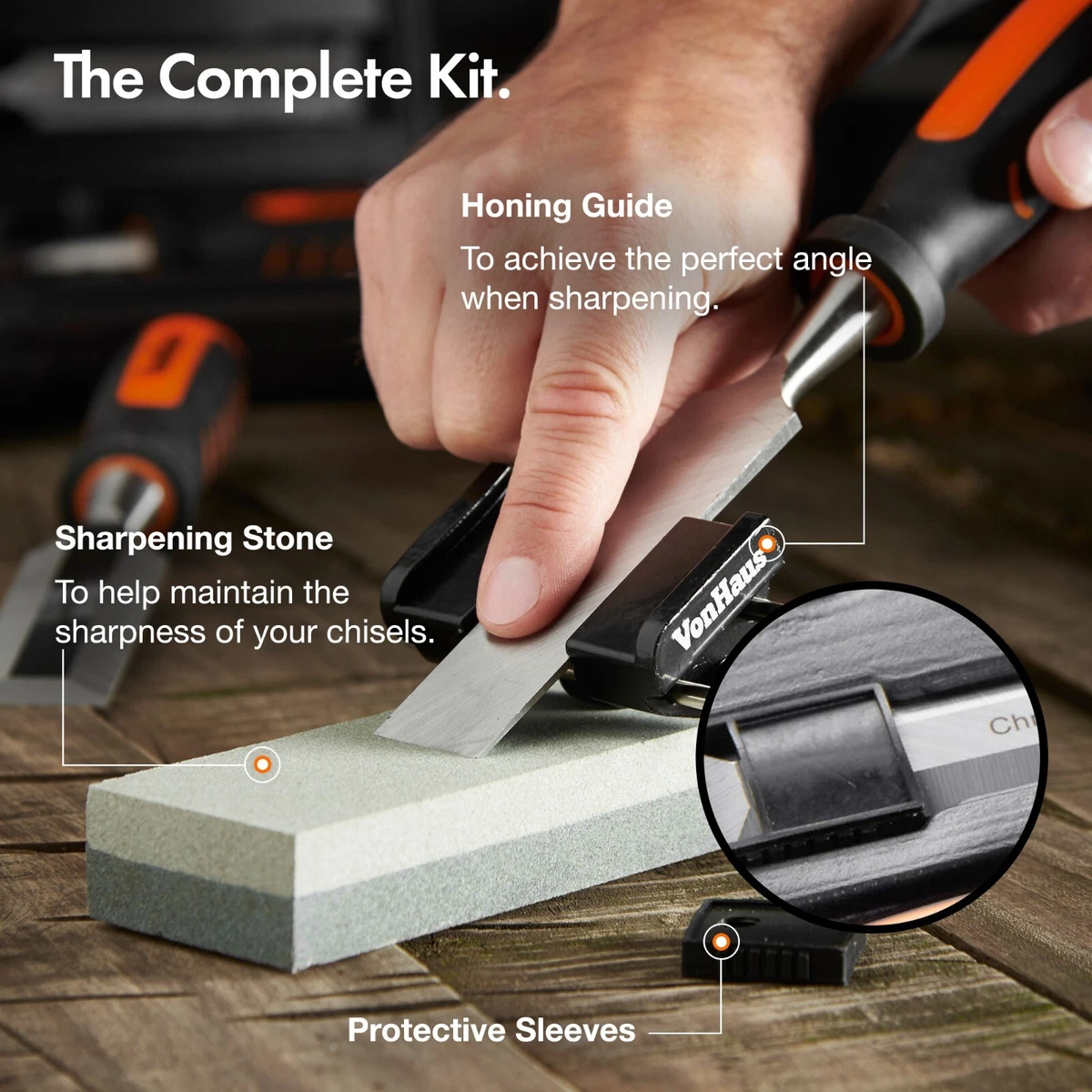 Chisel Set 8pcs Woodworking Tools Set Honing Guide and Storage Case VonHaus