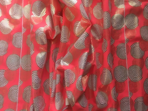 Orange Spandex with Gold Foil on White Circles Fabric - 32"repeat ~ 7/8 yd - Picture 6 of 6