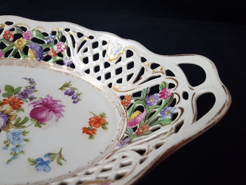 Schumann Durchbruch Porzellan Dresdner Blumen oval Schale 30cm+Schale auf Fuß - Bild 4 von 12