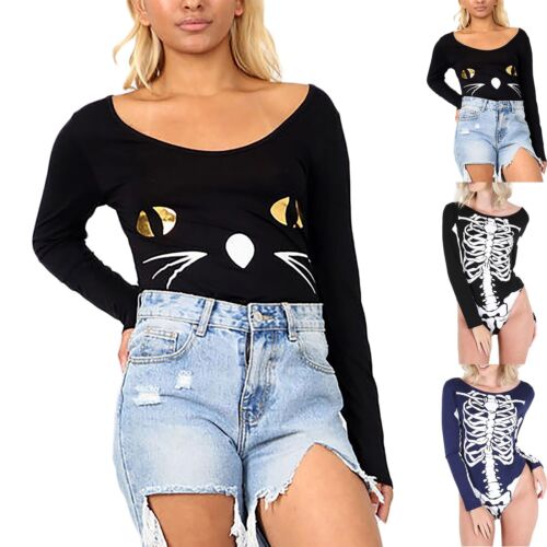 Ladies Women Halloween Scary Cat Face Leotard Bodysuit Fancy Costume Stretch Top - Picture 1 of 6