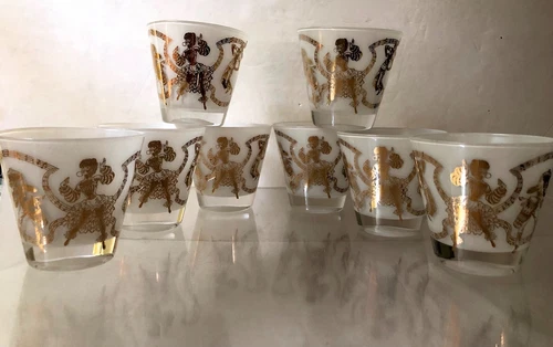 MCM VTG 1940s-1950s CALYPSO~8pc~OLD FASHIONED GLASSES~8oz~BAR~TUMBLERS~CARIBBEAN