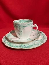 c 1896 Wileman & Co (Foley) daisy shaped trio #6 "Fern" pattern #5894, emerald