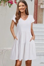 Women Summer Short Sleeve V Neck Dresses Tiered Casual Dress Skater Dresses Soli
